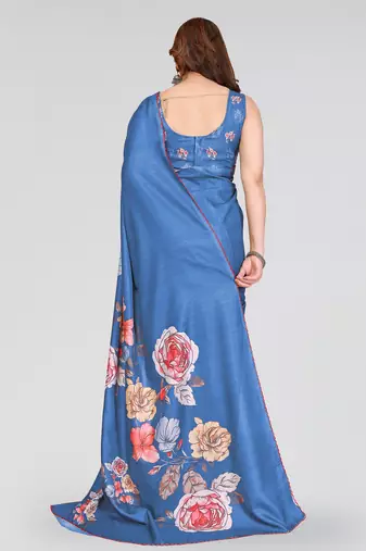 blue kalamkari digital print manipuri silk saree with arka border