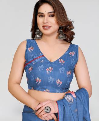 blue kalamkari digital print manipuri silk saree with arka border 4