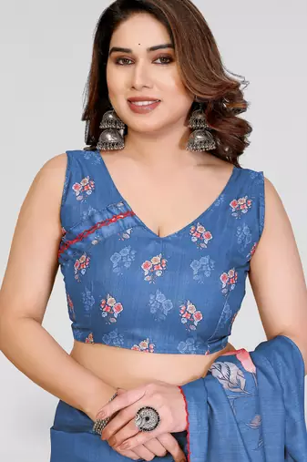 blue kalamkari digital print manipuri silk saree with arka border
