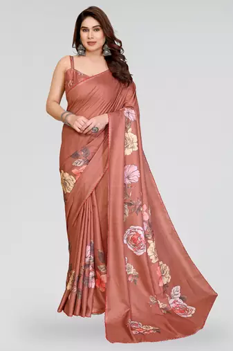 Brown manipuri silk kalamkari digital print saree with arka work border