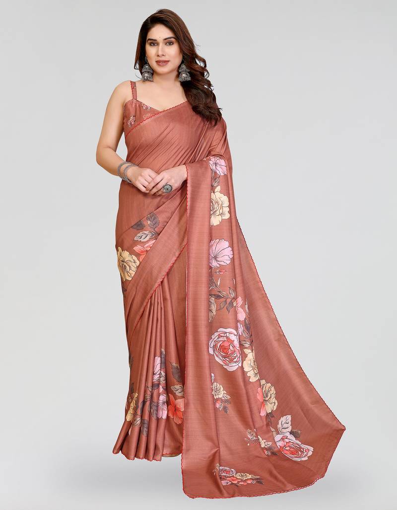 Brown manipuri silk kalamkari digital print saree with arka work border