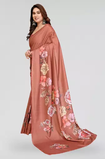 brown kalamkari digital print manipuri silk saree with arka border