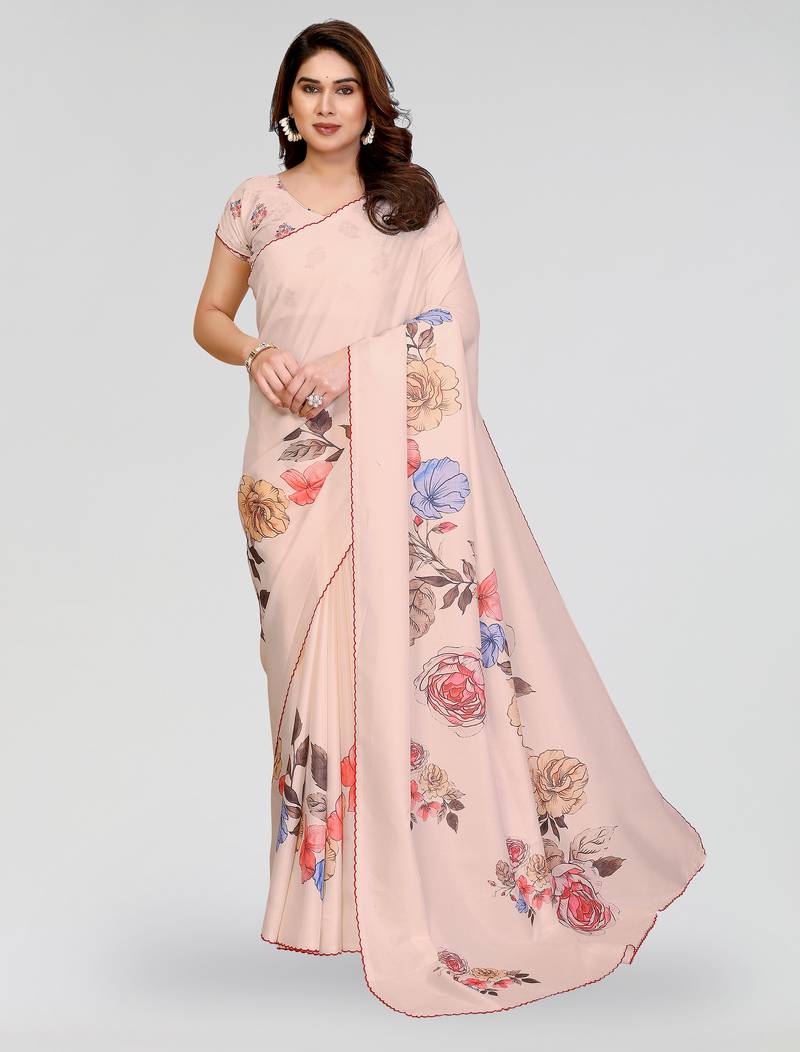 Cream manipuri silk kalamkari digital print saree with arka work border