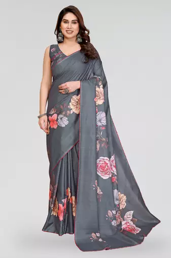 Grey manipuri silk kalamkari digital print saree with arka work border