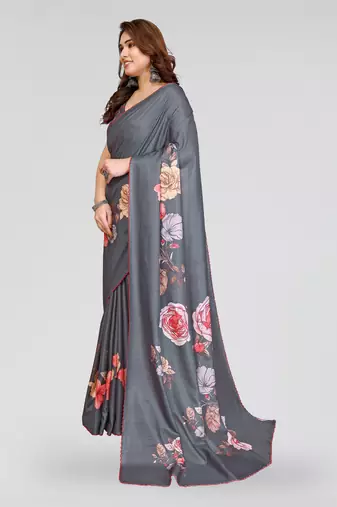 grey kalamkari digital print manipuri silk saree with arka border