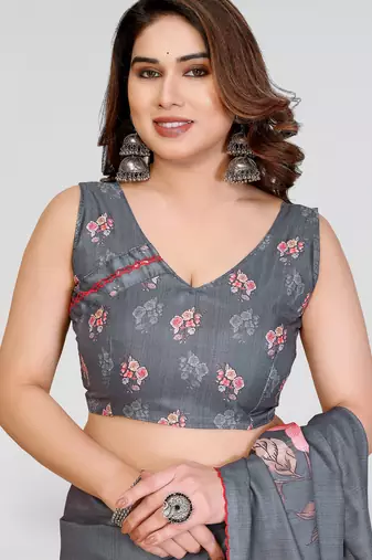 grey kalamkari digital print manipuri silk saree with arka border