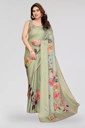 Pista manipuri silk kalamkari digital print saree with arka work border