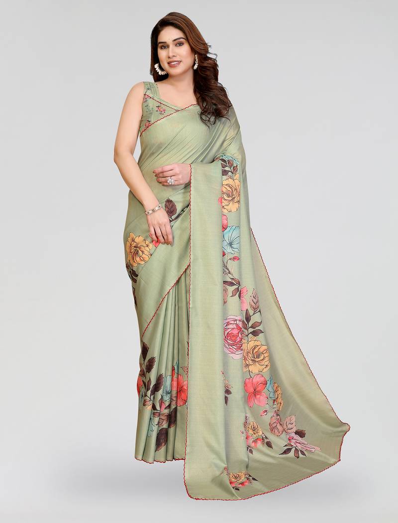 Pista manipuri silk kalamkari digital print saree with arka work border