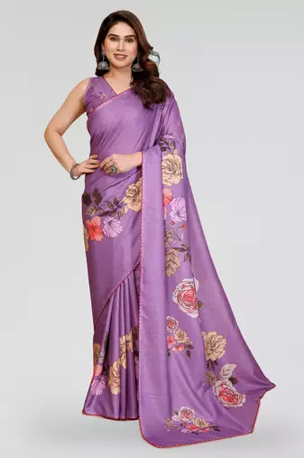 Purple manipuri silk kalamkari digital print saree with arka work border