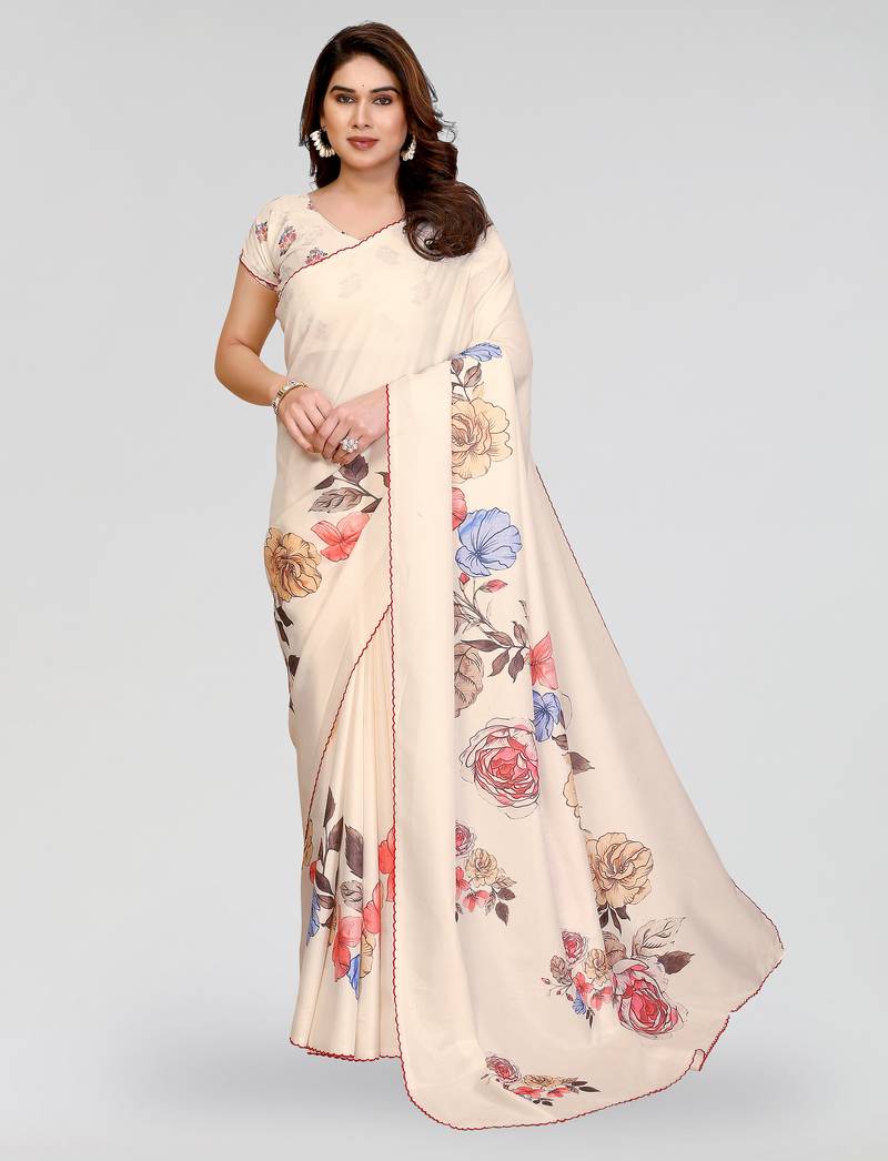 White manipuri silk kalamkari digital print saree with arka work border