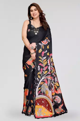Black manipuri silk kalamkari digital print saree with mirror work border