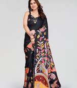 black manipuri silk kalamkari print saree with mirror work border