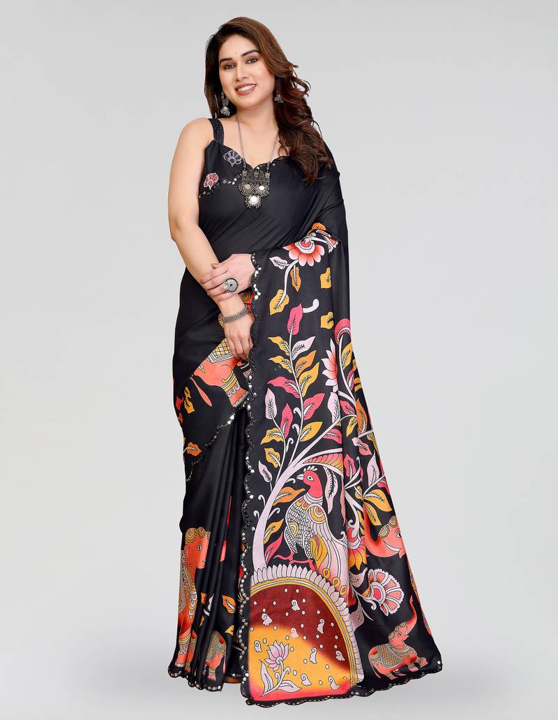 Black manipuri silk kalamkari digital print saree with mirror work border