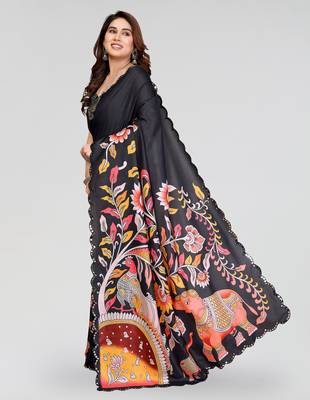 black manipuri silk kalamkari print saree with mirror work border 2