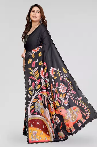 black manipuri silk kalamkari print saree with mirror work border