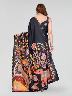 black manipuri silk kalamkari print saree with mirror work border 3