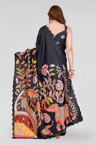 black manipuri silk kalamkari print saree with mirror work border