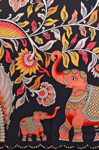 black manipuri silk kalamkari print saree with mirror work border