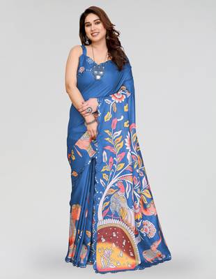 blue manipuri silk kalamkari print saree with mirror work border 1