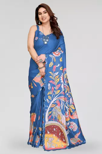 Blue manipuri silk kalamkari digital print saree with mirror work border