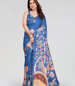 blue manipuri silk kalamkari print saree with mirror work border