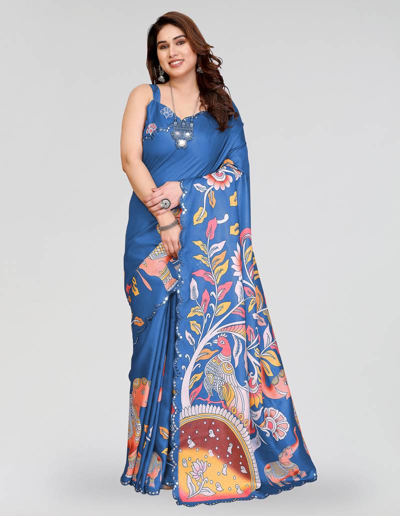 Blue manipuri silk kalamkari digital print saree with mirror work border