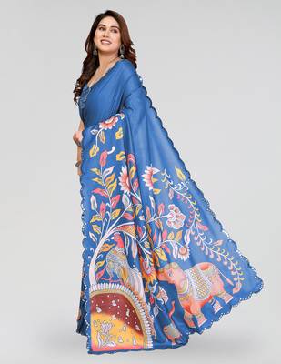 blue manipuri silk kalamkari print saree with mirror work border 2
