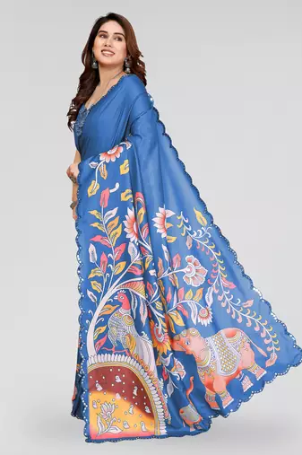 blue manipuri silk kalamkari print saree with mirror work border