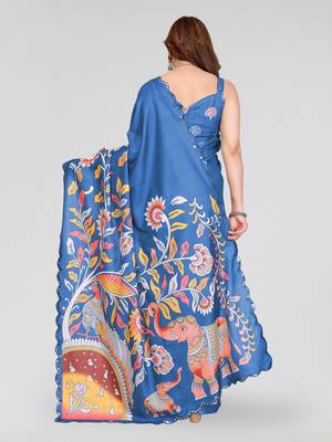 blue manipuri silk kalamkari print saree with mirror work border 3