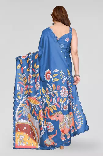blue manipuri silk kalamkari print saree with mirror work border