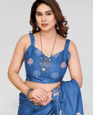 blue manipuri silk kalamkari print saree with mirror work border 4