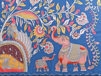 blue manipuri silk kalamkari print saree with mirror work border 5