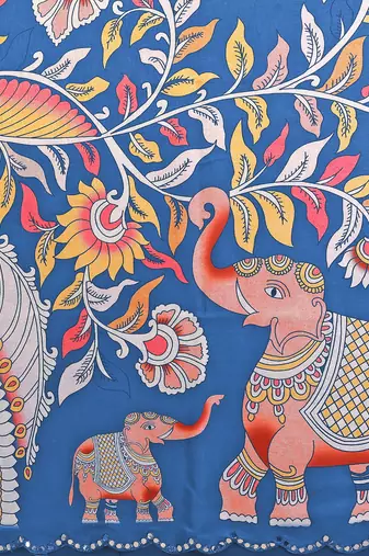 blue manipuri silk kalamkari print saree with mirror work border