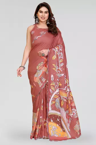 Brown manipuri silk kalamkari digital print saree with mirror work border