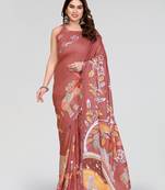 brown manipuri silk kalamkari print saree with mirror work border