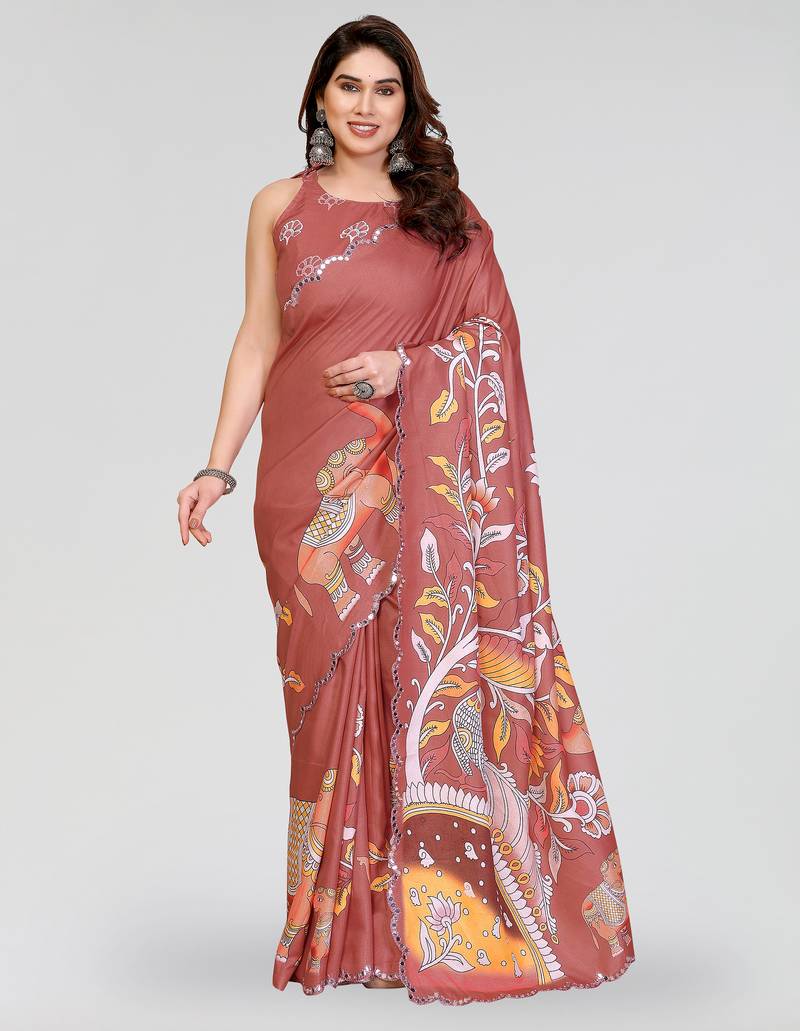 Brown manipuri silk kalamkari digital print saree with mirror work border