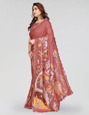 brown manipuri silk kalamkari print saree with mirror work border 2