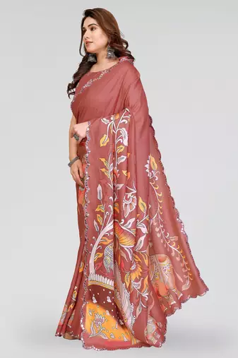 brown manipuri silk kalamkari print saree with mirror work border