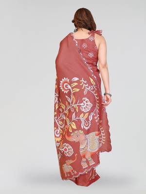 brown manipuri silk kalamkari print saree with mirror work border 3