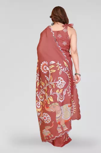 brown manipuri silk kalamkari print saree with mirror work border