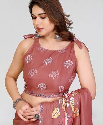 brown manipuri silk kalamkari print saree with mirror work border 4