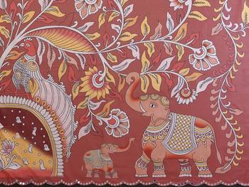 brown manipuri silk kalamkari print saree with mirror work border 5