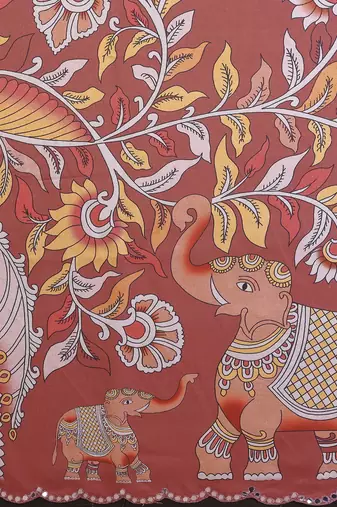 brown manipuri silk kalamkari print saree with mirror work border