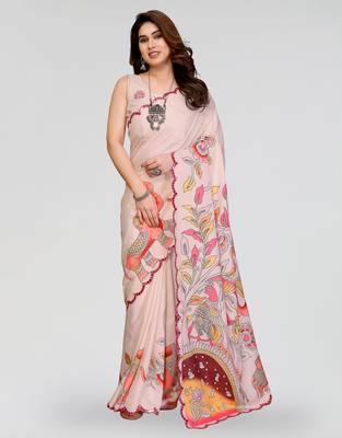 cream manipuri silk kalamkari print saree with mirror work border 1