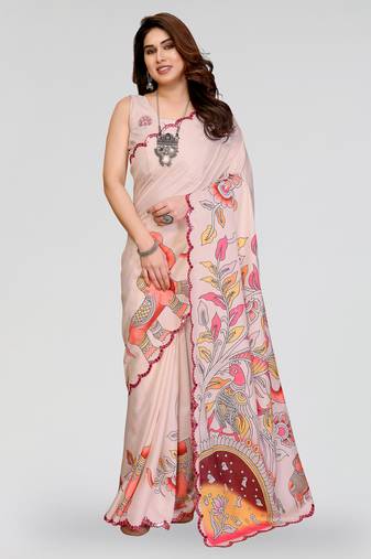 cream manipuri silk kalamkari print saree with mirror work border