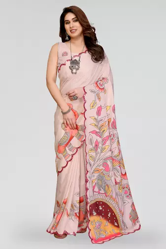 Cream manipuri silk kalamkari digital print saree with mirror work border
