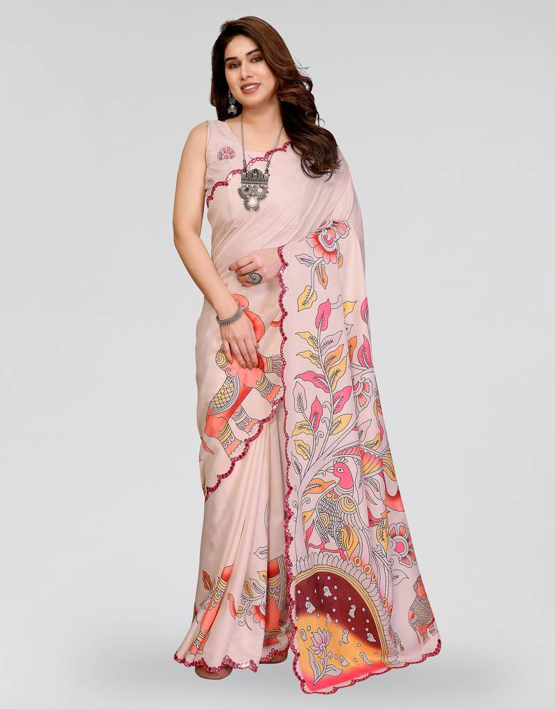 Cream manipuri silk kalamkari digital print saree with mirror work border