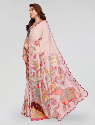 cream manipuri silk kalamkari print saree with mirror work border 2