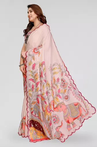 cream manipuri silk kalamkari print saree with mirror work border
