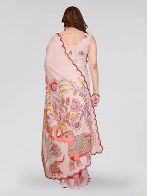 cream manipuri silk kalamkari print saree with mirror work border 3
